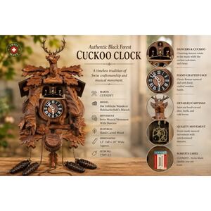 Vintage Cuendet‎ Swiss Musical Cuckoo Clock Hand Carved Wood Stag Hunter Scene